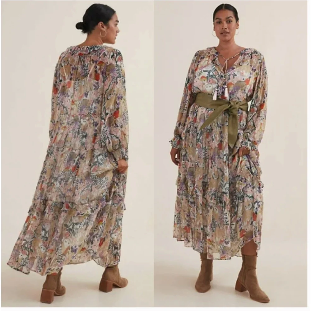 Anthropologie Floral Tiered Maxi Dress Owl Print 2X NEW - Picture 2 of 6